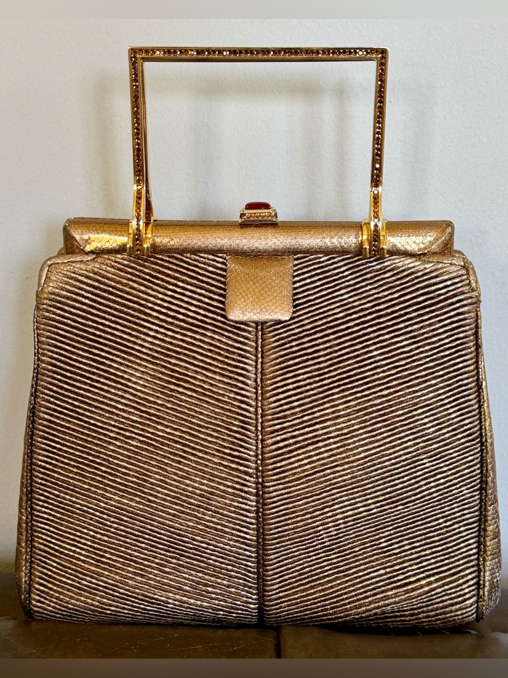 JUDITH LEIBER Vintage Gold Leather Swarovski Accented Top Handle Minaudiere